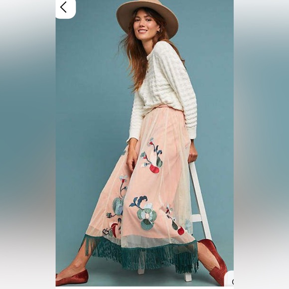 Anthropologie Akemi + Kin Embroidered Floral Tulle Maxi Skirt with Fringe Hem 14 - Picture 3 of 15